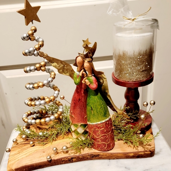 Christmas Centerpiece Candle Holder Angels Tree Wood Live Edge - Picture 3 of 9
